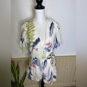 Blue Blush White Floral Ruffle Romper S | Tropical Print Wrap Tie Waist USA